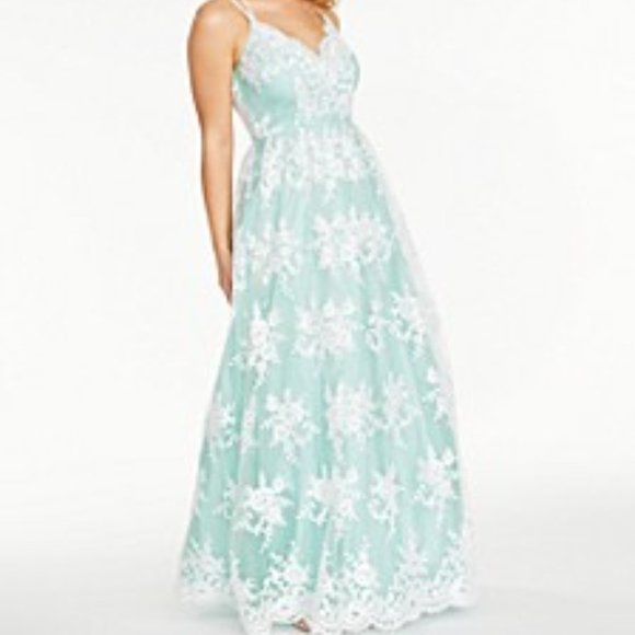 Say Yes To The Prom Embroidered Mesh Gown, Mint/White, Size 3/4 - Picture 1 of 6